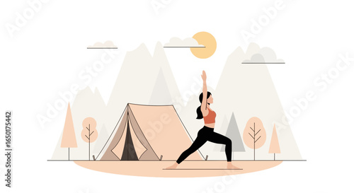 Outdoor Yoga Retreat In Front Of A Tent Against A Mountain Backdrop