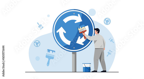 Painting Roundabout: A Man Applying Fresh Paint to a Circular Traffic Sign