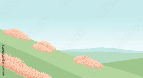 Peaceful Meadow With Light Peach Blossoms And Distant Mountain Vista