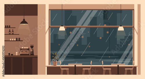 Peaceful Rainy Day Inside A Cozy Cafe With Cityscape Background