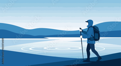 Person Hiking Near The Water During Winter Season With Cold Background