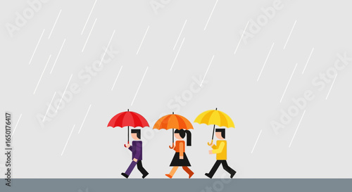 People With Umbrellas Strolling In The Rainfall Flat Vector Illustration