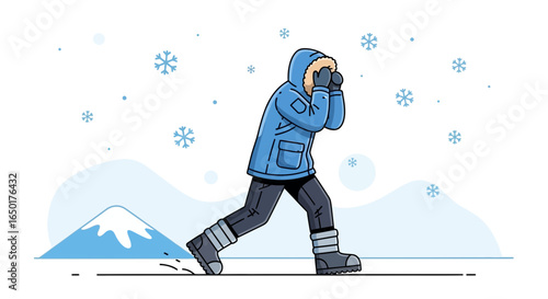 Person Bundled Up Cold Weather Walking Winter Scene With Snowflakes