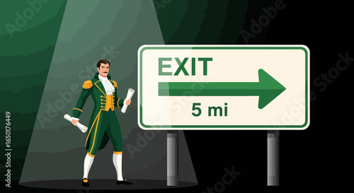 Person In Historical Costume Stand Next An Exit Sign With Spotlights