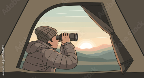 Person In Tent Enjoying Mountain View At Sunrise Through Binoculars