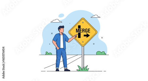 Person Pointing At The Road Merge Sign For Caution And Responsibility Illustration