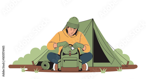 Person Preparing Gear at Campsite Adventure Illustration Isolated on White