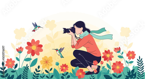 Photographer Capturing The Beauty Of Nature With Hummingbirds And Flowers