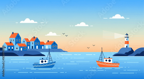 Picturesque Coastal Scenery Featuring Fishing Boats And Charming Village