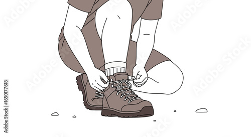 Preparing For Outdoor Adventure Man Tying Shoe Laces Ready For Trekking