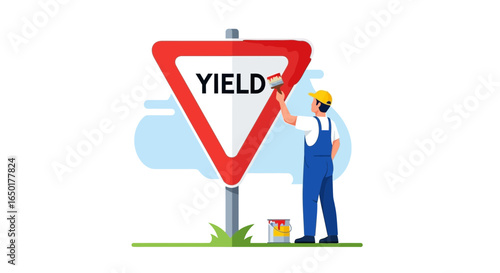 Professional Painter Applying Fresh Coat To Red Yield Traffic Sign Symbol