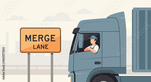 Professional Truck Driver Merging Traffic Lanes On The Highway Safely