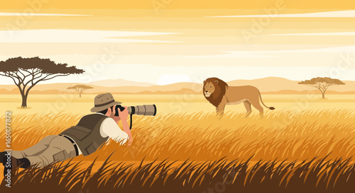 Professional Wildlife Photographer Capturing a Majestic Lion in African Savannah