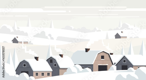 Quiet Winter Village Scene With Snowy Houses And Flat Color Landscape