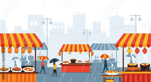 Rainy Day At An Asian Street Food Market With People And Food Stalls