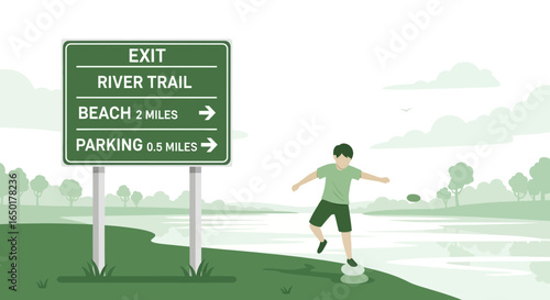 Recreational Activity By The River With Destination Signs Vector Illustration