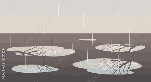 Reflections Of Bare Trees In Rain Puddles Depicting The Monochromatic Autumn Landscape