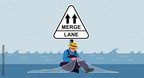 Repairing Nets At Sea Merge Lane Illustration Concept For Business And Strategy
