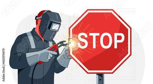 Repairing The Sign Conceptual Visual Of A Welder Fixing A Stop Sign