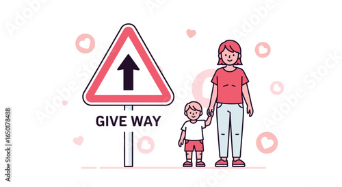 Respect Traffic Rules With Family Giving Way Arrow Sign Illustration