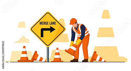 Road Construction Worker Setting Up Merge Lane Traffic Cones For Safety