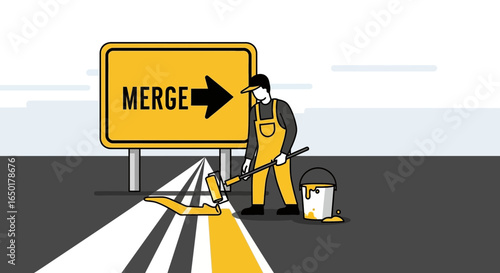 Road Marking Worker Painting Merge Lane Lines with Paint Roller on Asphalt Surface
