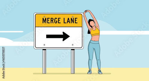 Road Sign Advises To Merge While Woman Stretches In Preparation For Exercise