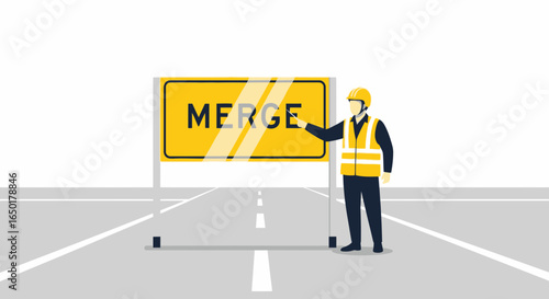 Road Safety Worker Pointing Towards Merge Sign On Highway Illustration
