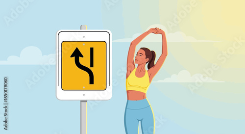 Roadside Flexibility: A Woman Stretching Near A Traffic Diversion Sign