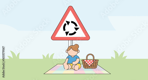 Roadside Picnic Under Roundabout Sign Symbolizing Life's Detours And Unexpected Leisure