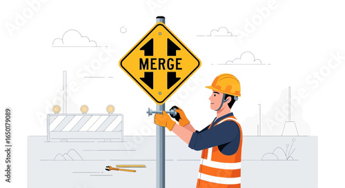 Road Worker Installs Merge Sign Ensuring Driver Safety And Efficient Traffic Flow