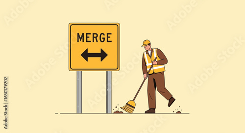 Roadway Worker Sweeping Debris Near a Merge Sign Illustrative Style