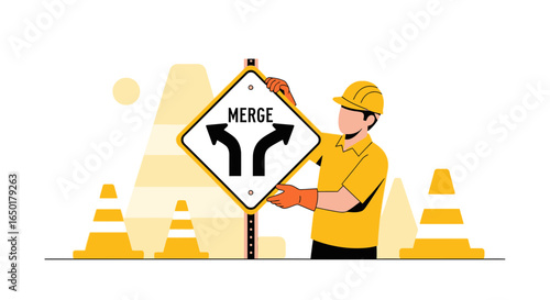 Roadwork Crew Installs Merge Sign for Safe Highway Navigation And Traffic Management