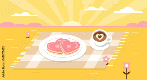 Romantic Picnic Featuring Heart Shaped Pancakes And Coffee With Love Art