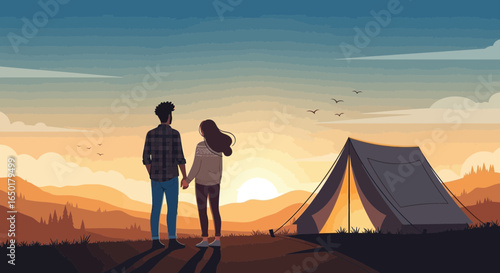 Romantic Getaway Couple Camping Adventure At Sunset Or Sunrise Scene