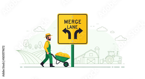 Rural Crossroads Farmer Decides Agricultural Path Choices Conceptual Illustration