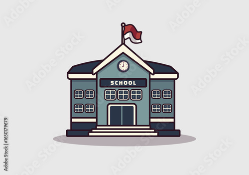 School Building Illustration with Flag