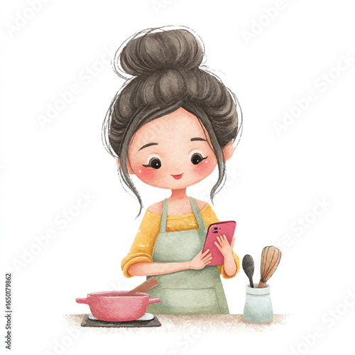 Watercolor Illustration of a Woman Cooking Using Phone Kitchen Tools