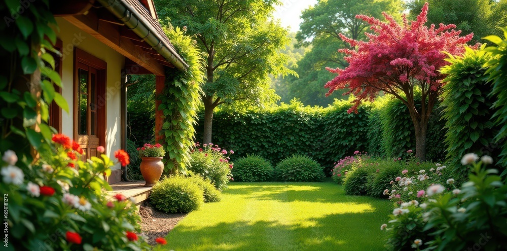 Fototapeta premium Lush home garden, vibrant flowering trees and shrubs, green, sunlight