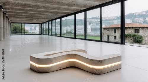 Modern concrete bench with integrated lighting sits in a minimalist interior with panoramic city views