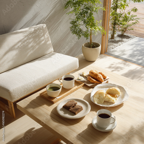 Minimalist MUJI table with bread and coffee AI generative