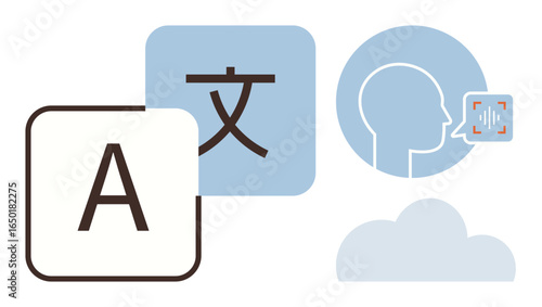 Letters, speech icon, cloud symbol, and waveform in a flat style. Ideal for translation, speech recognition, linguistics, communication AI technology and cloud tools. Simple flat metaphor