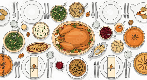 Festive Thanksgiving feast with turkey, pies, and side dishes arranged for a family gathering, promising warmth and delicious memories this holiday season