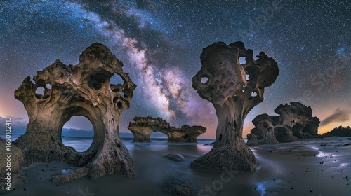 Dramatic coastal rock formations under a night sky full of stars.