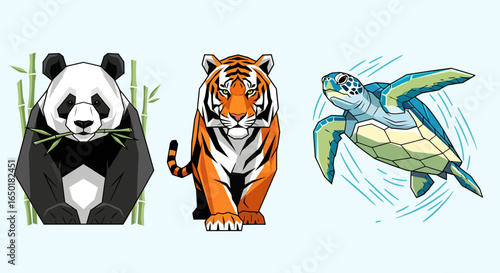 Illustrative wildlife compilation featuring a panda nibbling bamboo, a fierce tiger, and a sea turtle swimming, perfect for conservation or educational themes