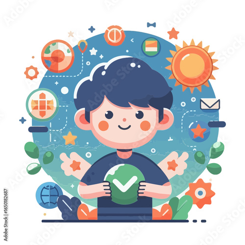 A flat vector illustration of a boy with a checkmark, surrounded by icons of the sun, globe, and leaves, for blogs or websites on ecology, sustainability, or education.

