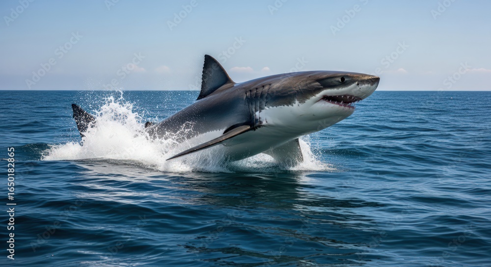 Fototapeta premium Great White Shark Breaching the Ocean Surface