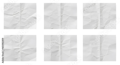 Six crumpled white paper sheets with varying textures and fold patterns.