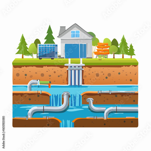 下水道業と排水処理インフラのベクターイラスト