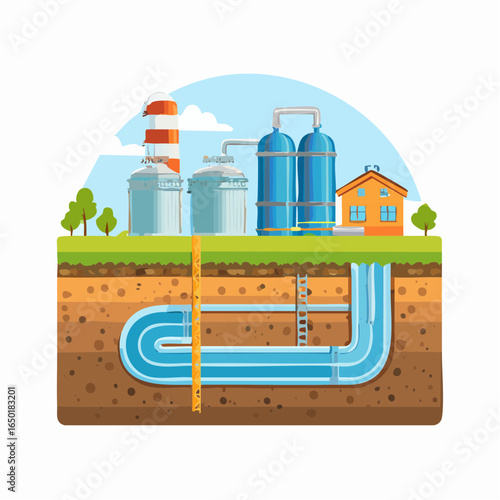 下水道業と排水処理インフラのベクターイラスト